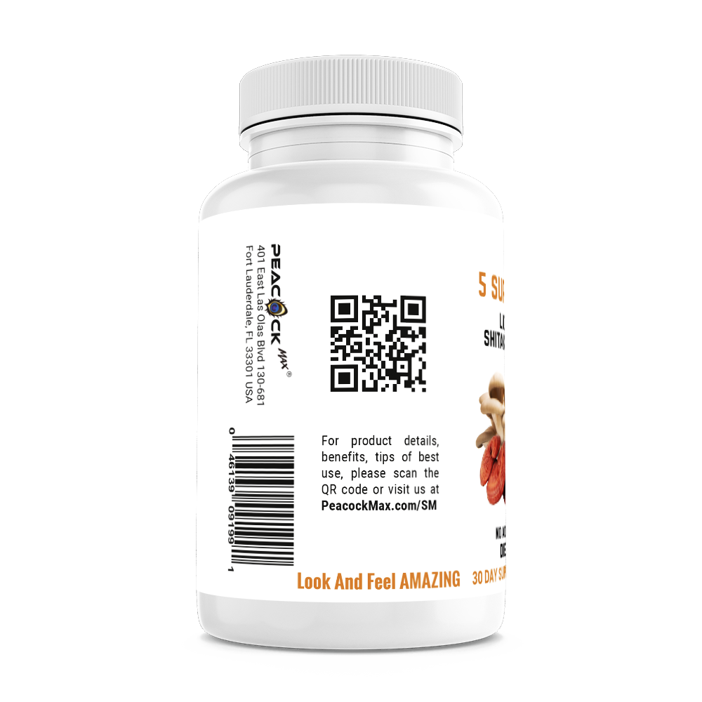 5 Super Mushrooms Lion's Mane, Reishi, Shiitake, Cordyceps, Oyster Extract | Brain, Energy, Focus | 180 Capsules | 3000mg | 30 day supply