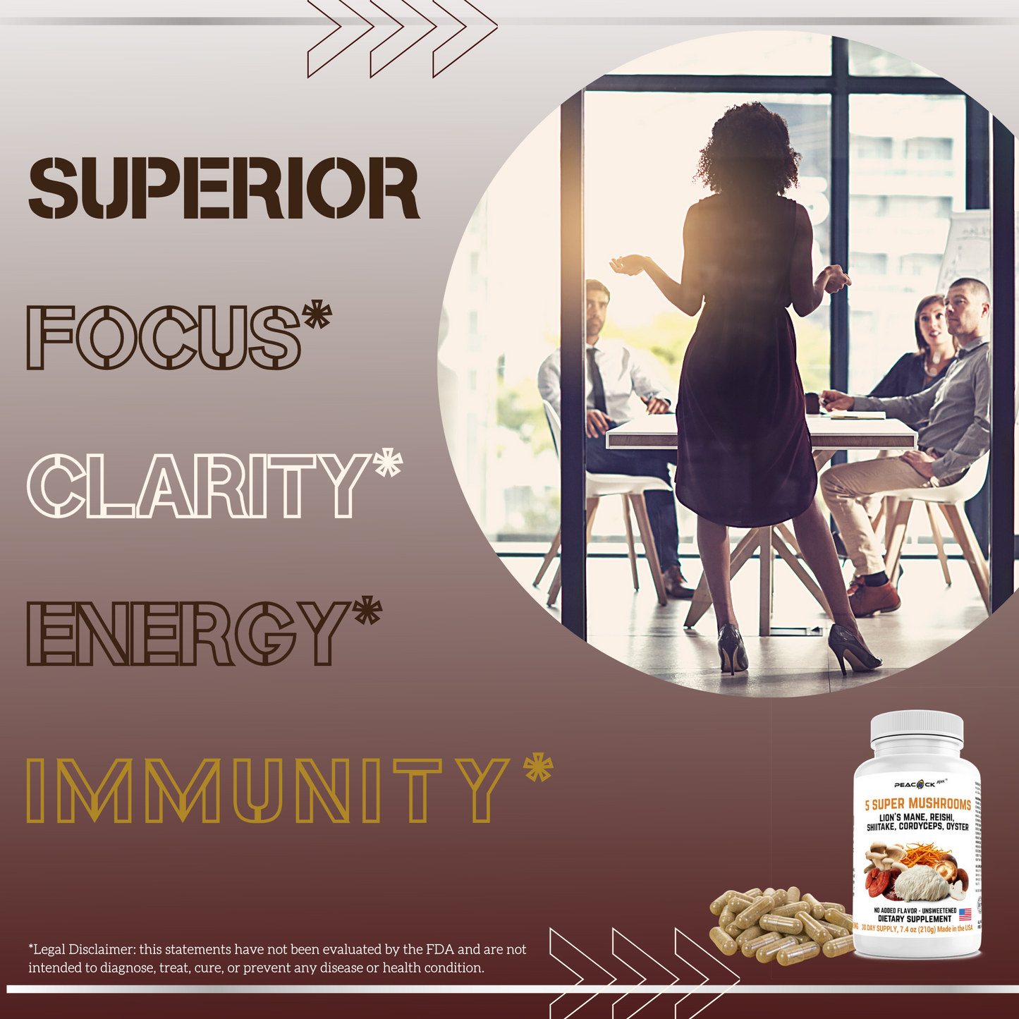 5 Super Mushrooms Lion's Mane, Reishi, Shiitake, Cordyceps, Oyster Extract | Brain, Energy, Focus | 180 Capsules | 3000mg | 30 day supply