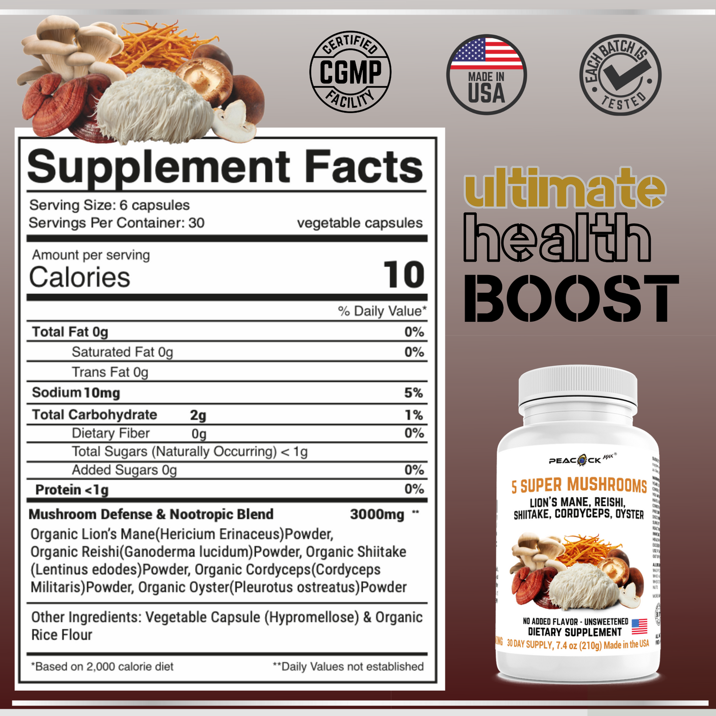 5 Super Mushrooms Lion's Mane, Reishi, Shiitake, Cordyceps, Oyster Extract | Brain, Energy, Focus | 180 Capsules | 3000mg | 30 day supply