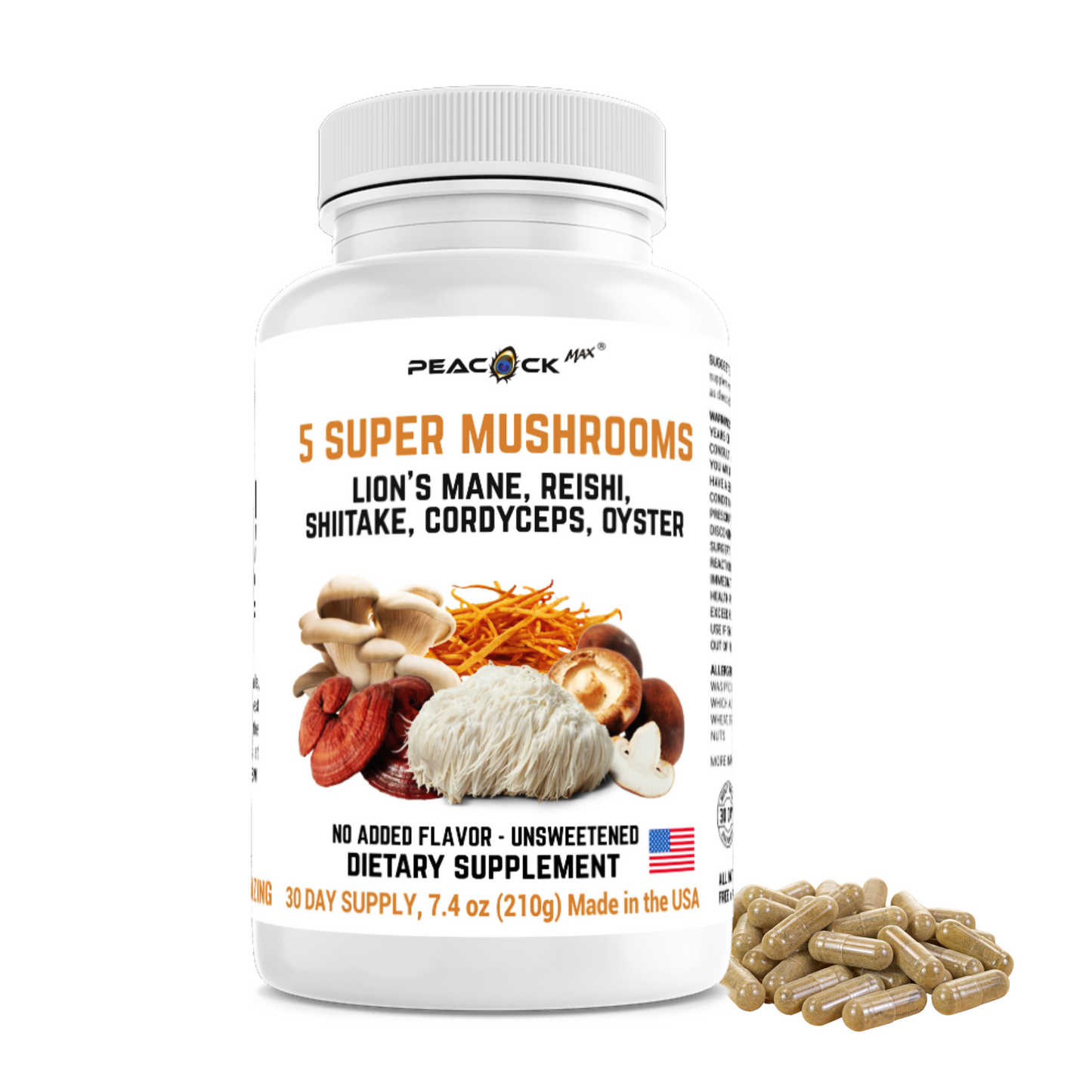 5 Super Mushrooms Lion's Mane, Reishi, Shiitake, Cordyceps, Oyster Extract | Brain, Energy, Focus | 180 Capsules | 3000mg | 30 day supply